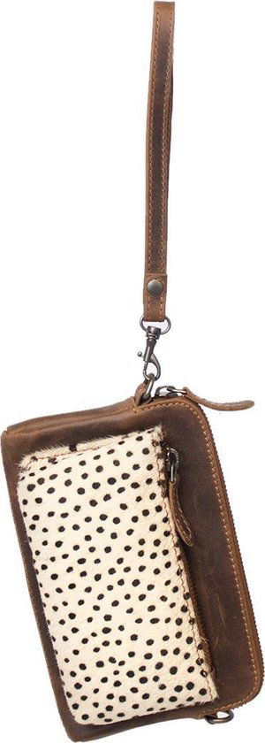 Arrigo Cognackleurige Dames Crossbody Tas/Clutch met Cheetah Dierenprint in Leer - Arrigo.nl