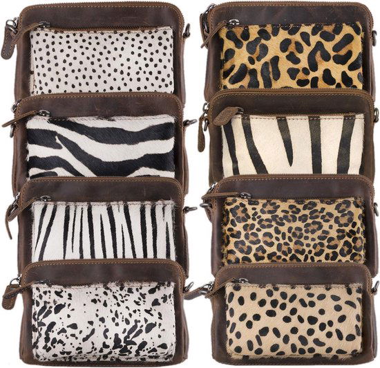 Arrigo Cognackleurige Dames Crossbody Tas/Clutch met Cow Dierenprint in Leer - Arrigo.nl