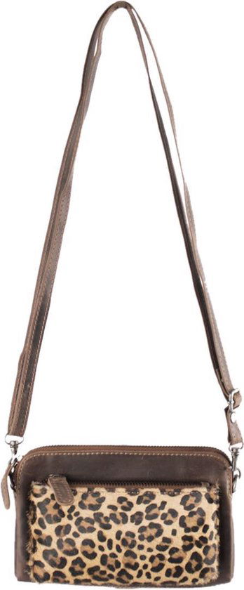 Arrigo Cognackleurige Dames Crossbody Tas/Clutch met Luipaard Dierenprint in Leer - Arrigo.nl