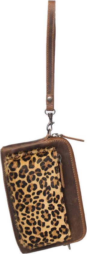 Arrigo Cognackleurige Dames Crossbody Tas/Clutch met Luipaard Dierenprint in Leer - Arrigo.nl