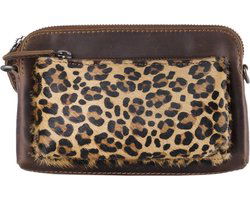 Arrigo Cognackleurige Dames Crossbody Tas/Clutch met Luipaard Dierenprint in Leer - Arrigo.nl