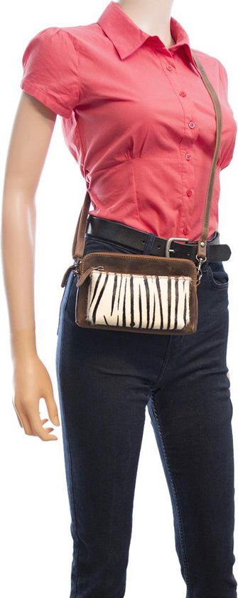 Arrigo Cognackleurige Dames Crossbody Tas/Clutch met Zebra Dierenprint in Leer - Arrigo.nl