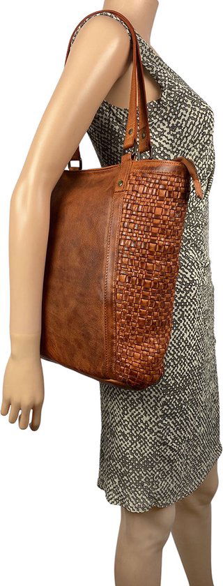 Arrigo Dames Shopper - Cognac Gevlochten Leer met Rits - Arrigo.nl