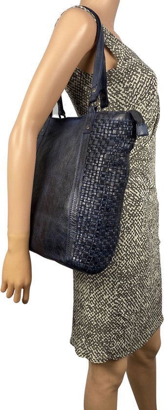 Arrigo Dames Shopper - Donkerblauw Gevlochten Leer met Rits - Arrigo.nl