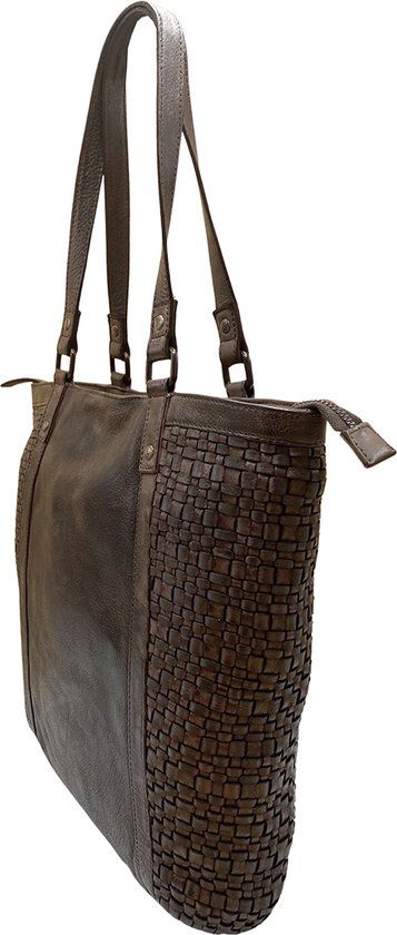Arrigo Dames Shopper - Donkerbruin Gevlochten Leer met Rits - Arrigo.nl