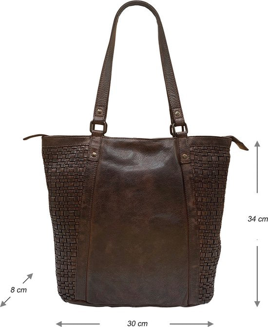 Arrigo Dames Shopper - Donkerbruin Gevlochten Leer met Rits - Arrigo.nl