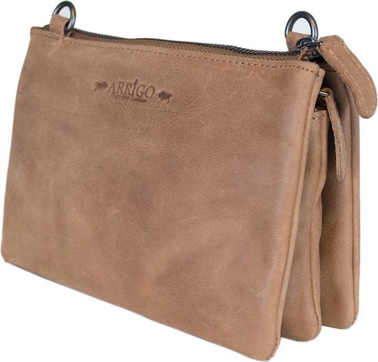 Arrigo Dames Tasjes - Klein Taupe Leren Schoudertasje voor Festivals - Arrigo.nl