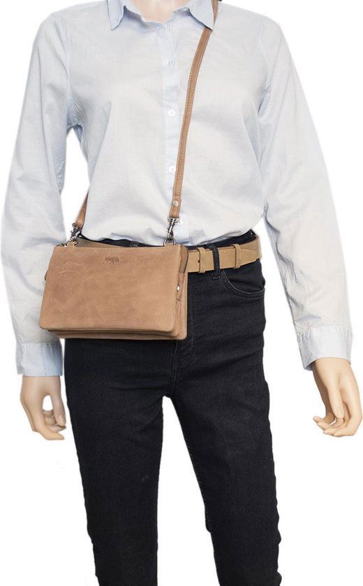 Arrigo Dames Tasjes - Klein Taupe Leren Schoudertasje voor Festivals - Arrigo.nl