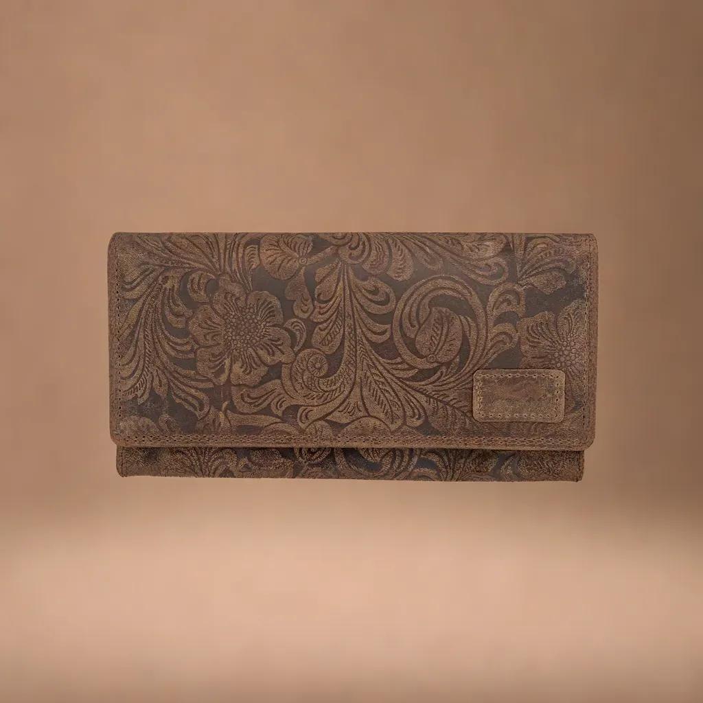 Arrigo dames portemonnee in cognackleurig leer met bloemenprint - Arrigo.nl