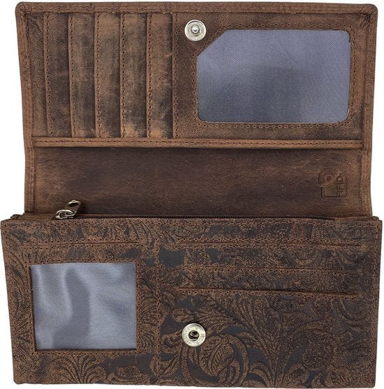 Arrigo dames portemonnee in cognackleurig leer met bloemenprint - Arrigo.nl