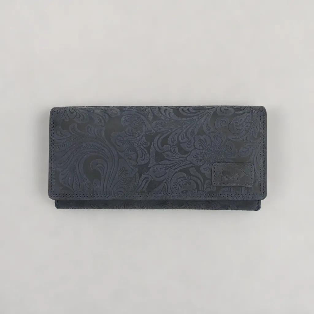 Arrigo dames portemonnee in donkerblauw leer met bloemenprint - Arrigo.nl