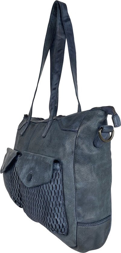 Arrigo handtassen dames schoudertas grote tas gewassen leer blauw - Arrigo Leather Goods