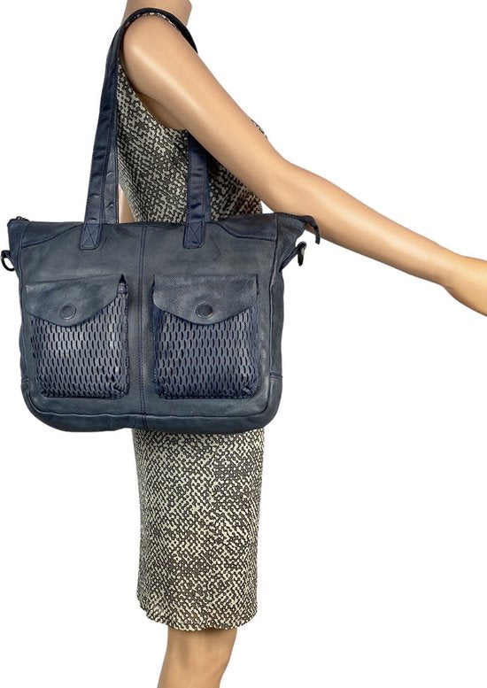 Arrigo handtassen dames schoudertas grote tas gewassen leer blauw - Arrigo Leather Goods