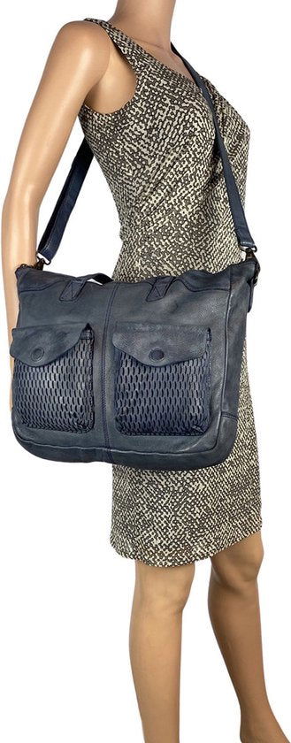 Arrigo handtassen dames schoudertas grote tas gewassen leer blauw - Arrigo Leather Goods