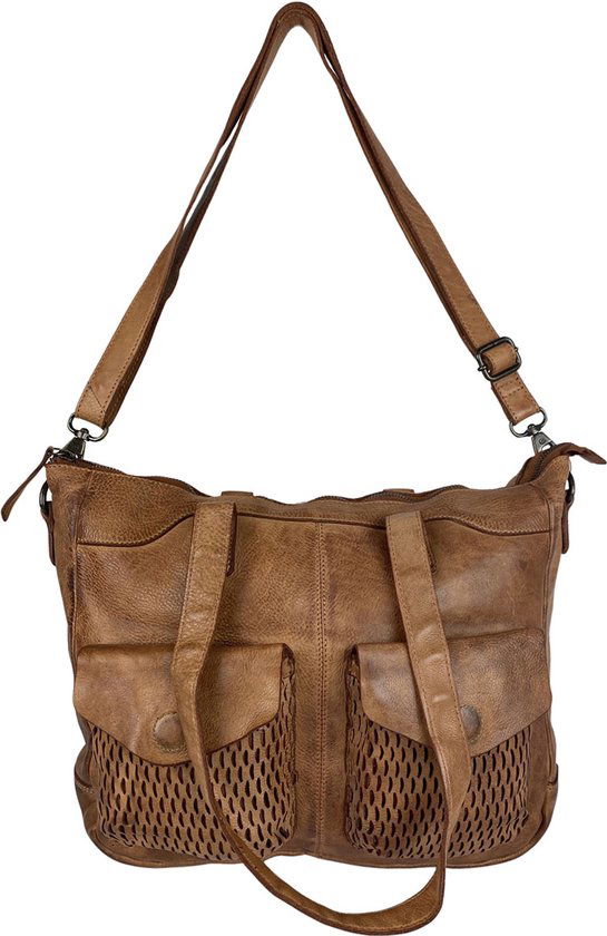 Arrigo handtassen dames schoudertas grote tas gewassen leer cognac - Arrigo Leather Goods