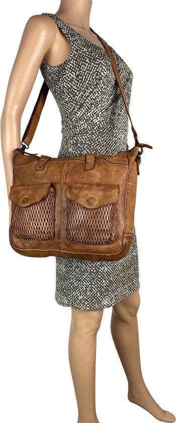 Arrigo handtassen dames schoudertas grote tas gewassen leer cognac - Arrigo Leather Goods