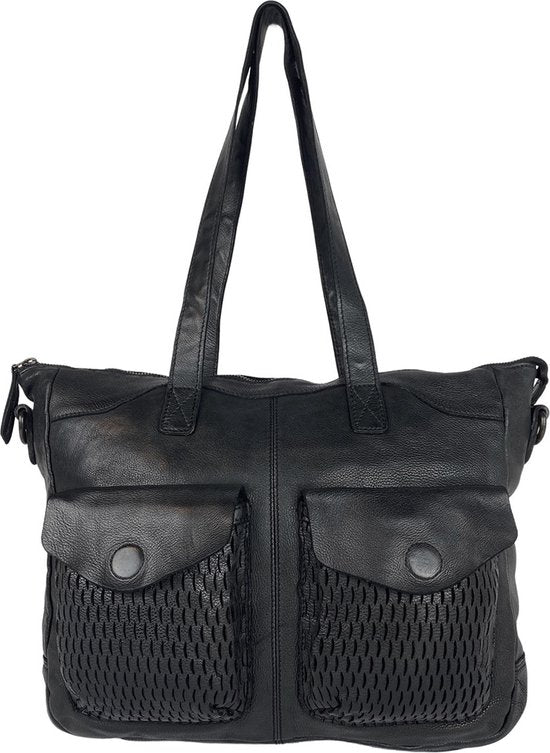 Arrigo handtassen dames schoudertas grote tas gewassen leer zwart - Arrigo Leather Goods