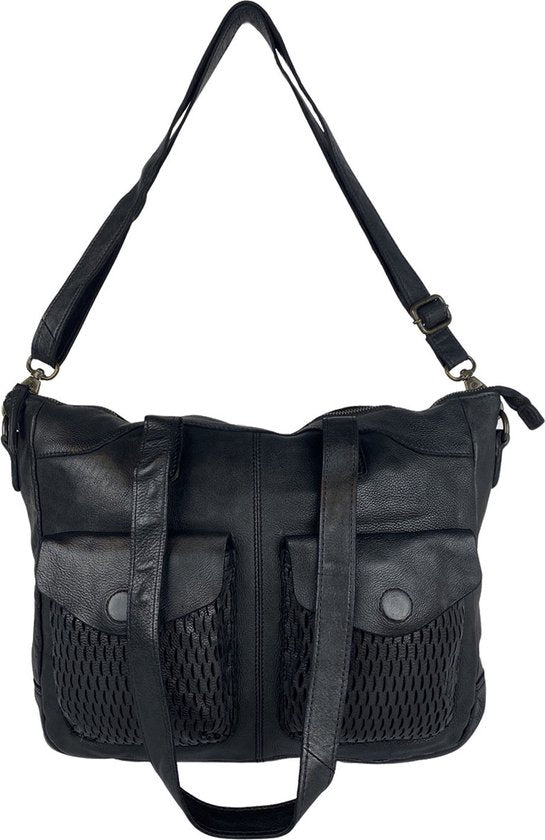 Arrigo handtassen dames schoudertas grote tas gewassen leer zwart - Arrigo Leather Goods