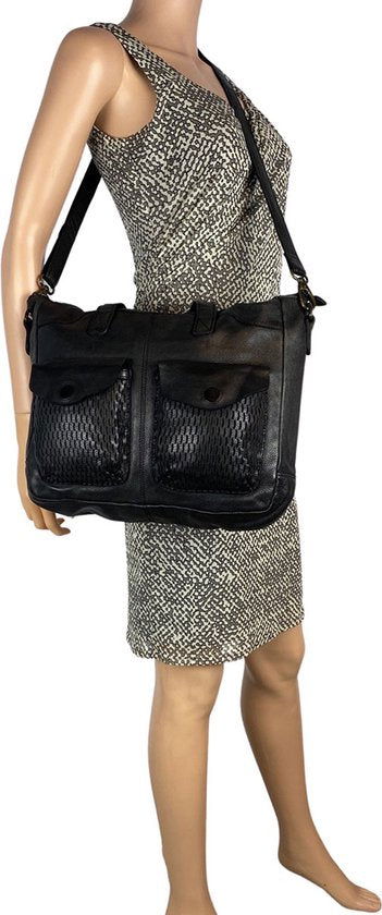 Arrigo handtassen dames schoudertas grote tas gewassen leer zwart - Arrigo Leather Goods