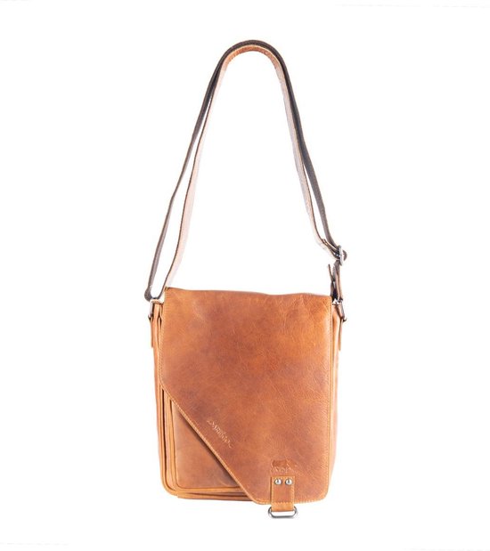 Cognac schoudertas leer met een overslag klep en twee magneetsluitingen - Arrigo Leather Goods