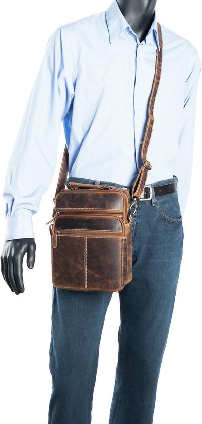 Cognackleurige buffellederen schoudertas - Arrigo.nl