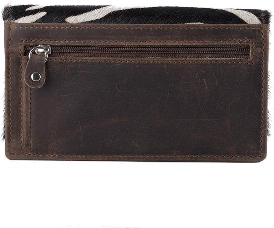 Cognackleurige leren damesportemonnee met anti-skim bescherming en zebra-dierenprint - Arrigo.nl