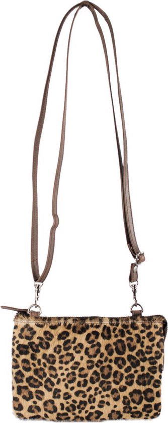 Crossbody bag leer cognac met luipaard print lichtbruin schoudertasje vakantietasje - Arrigo Leather Goods