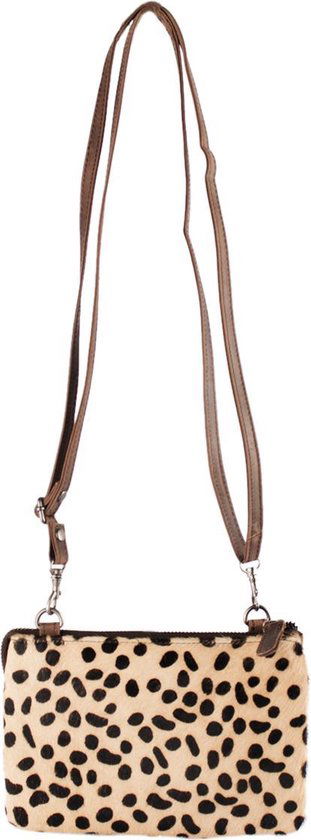 Crossbody tas dames donkerbruin leer met cheetah print telefoontasje leer - Arrigo Leather Goods