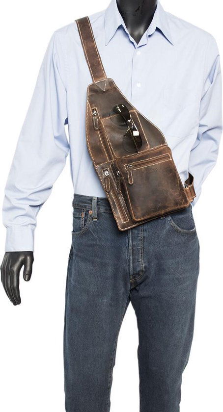 Crossbody tas van cognac naturel buffelleer met een verstelbare schouderriem - Arrigo.nl
