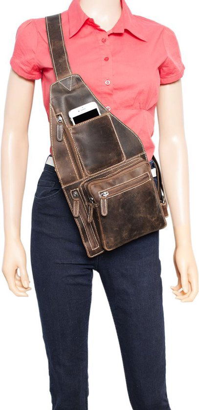 Crossbody tas van cognac naturel buffelleer met een verstelbare schouderriem - Arrigo.nl
