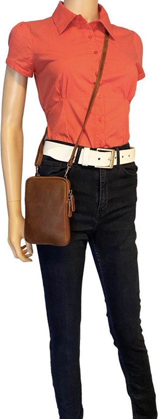 Dames Crossbody Telefoontasje met Portemonnee in Lichtbruin Leer - Arrigo.nl