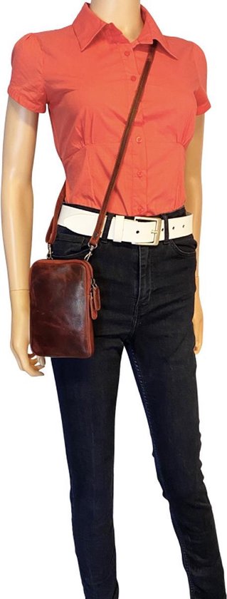 Dames Crossbody Telefoontasje met Portemonnee in Rood Leer - Arrigo.nl