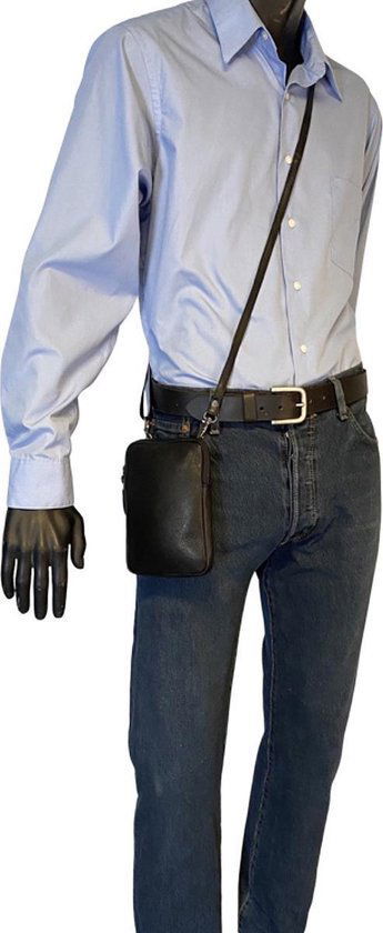 Dames Crossbody Telefoontasje met Portemonnee in Zwart Leer - Arrigo.nl