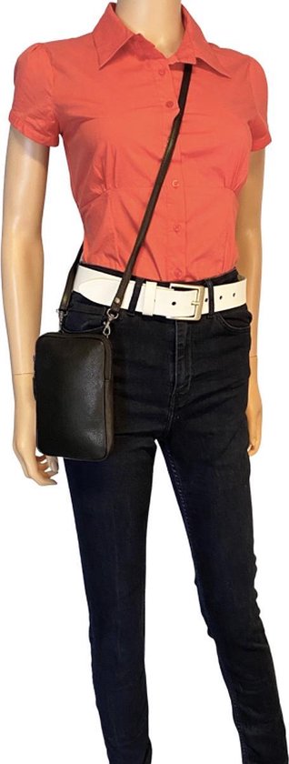 Dames Crossbody Telefoontasje met Portemonnee in Zwart Leer - Arrigo.nl