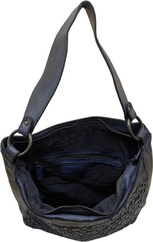 Dames Schoudertassen - Donkerblauw Gevlochten Leer met Kort en Lang Hengsel - Arrigo.nl
