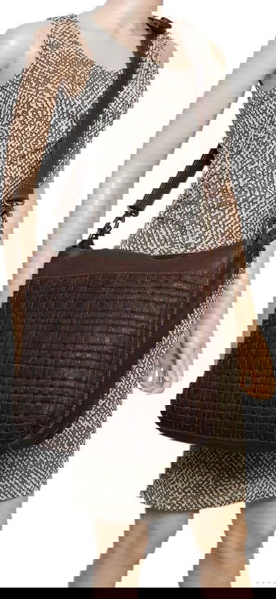 Dames Schoudertassen - Donkerbruin Gevlochten Leer met Kort en Lang Hengsel - Arrigo.nl