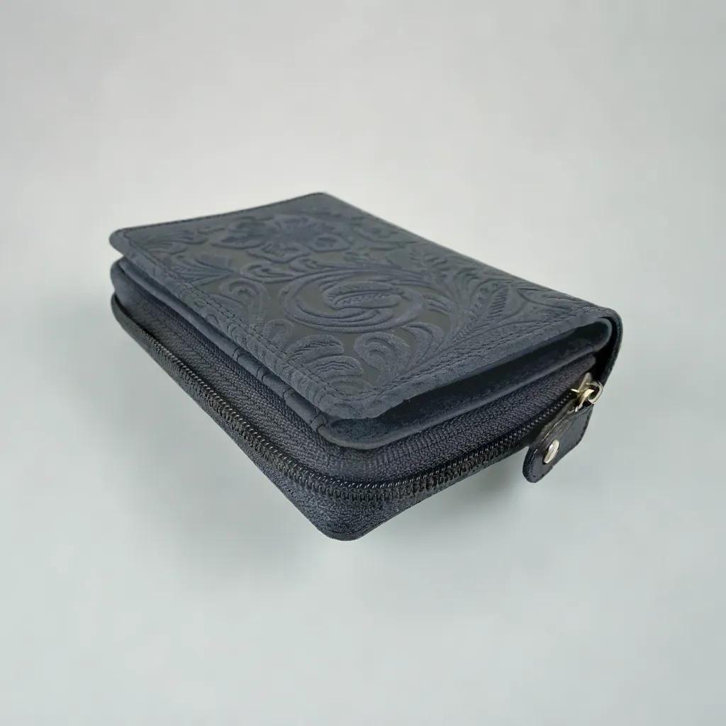 Dames portemonnee donkerblauw met bloemenprint en RFID - Arrigo.nl