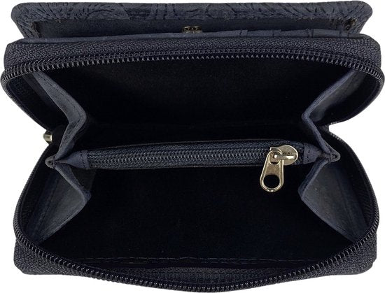 Dames portemonnee donkerblauw met bloemenprint en RFID - Arrigo.nl