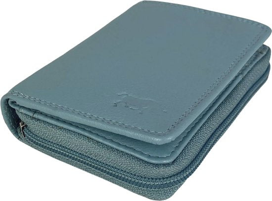 Dames portemonnee heren portemonnee portefeuille leer rfid ritsportemonnee lichtblauw - Arrigo Leather Goods