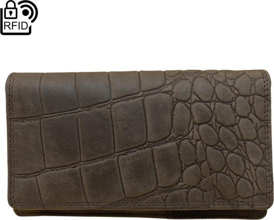 Dames portemonnee rfid bruin leer met croco print portefeuille dames - Arrigo Leather Goods