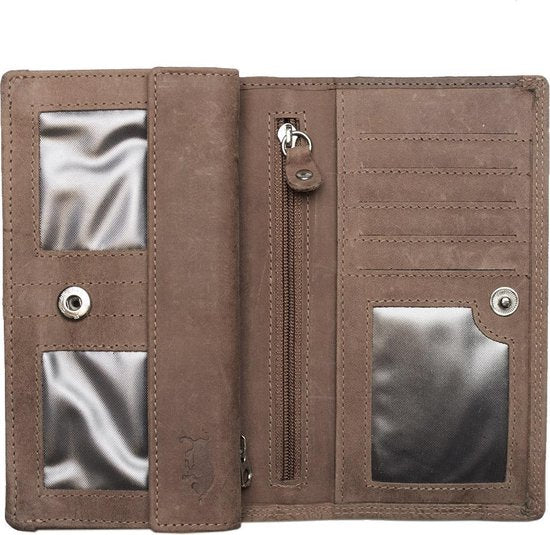 Dames portemonnee van cognackleurig leer met bloemenprint en anti-skim bescherming - Arrigo.nl