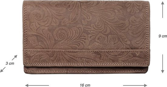 Dames portemonnee van cognackleurig leer met bloemenprint en anti-skim bescherming - Arrigo.nl