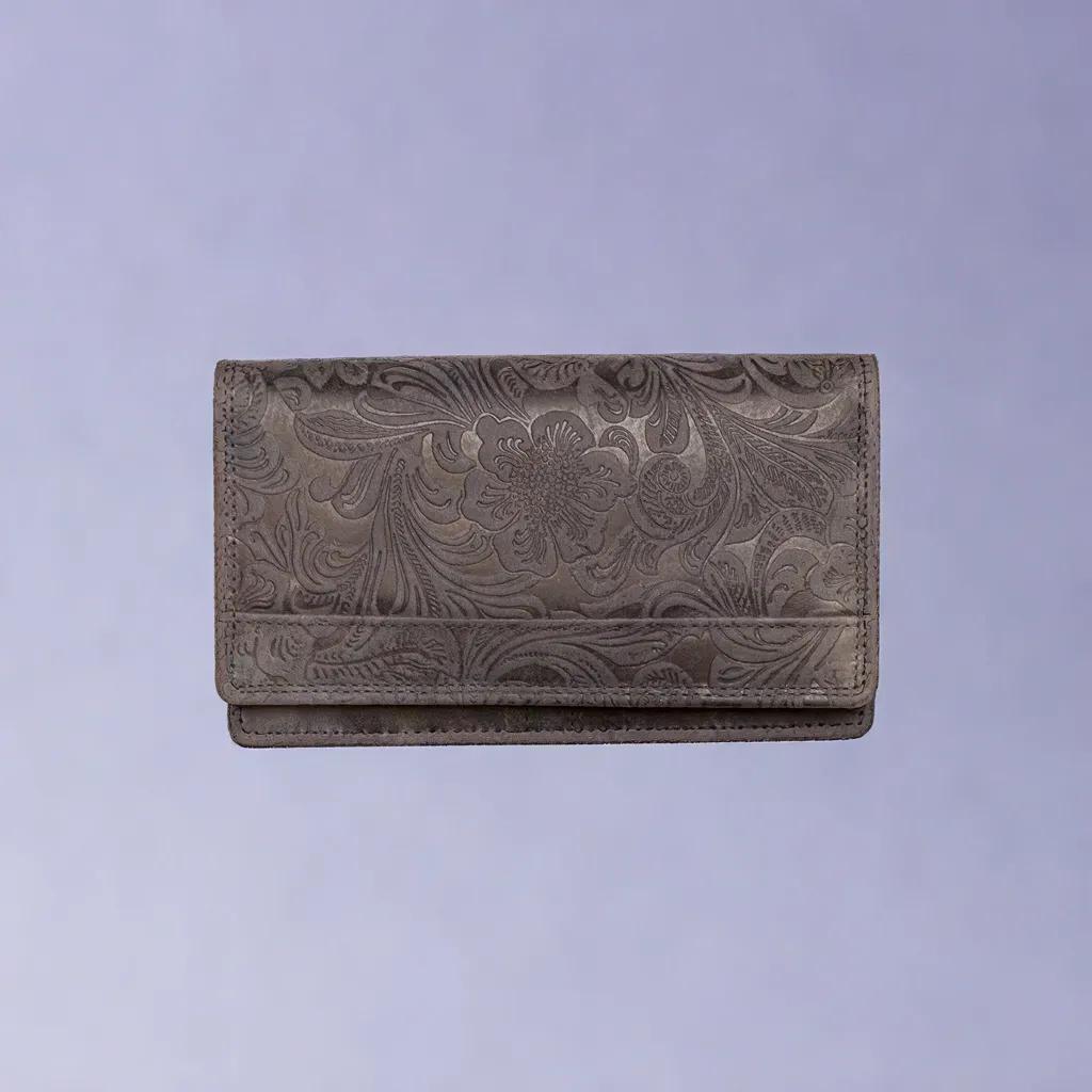 Dames portemonnee van donkerblauw leer met bloemenprint en anti-skim bescherming - Arrigo.nl