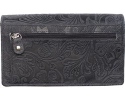 Dames portemonnee van donkerblauw leer met bloemenprint en anti-skim bescherming - Arrigo.nl