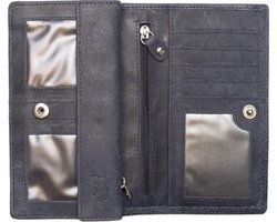 Dames portemonnee van donkerblauw leer met bloemenprint en anti-skim bescherming - Arrigo.nl