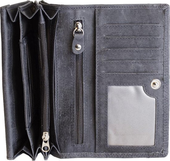 Dames portemonnee van donkerblauw leer met bloemenprint en anti-skim bescherming - Arrigo.nl