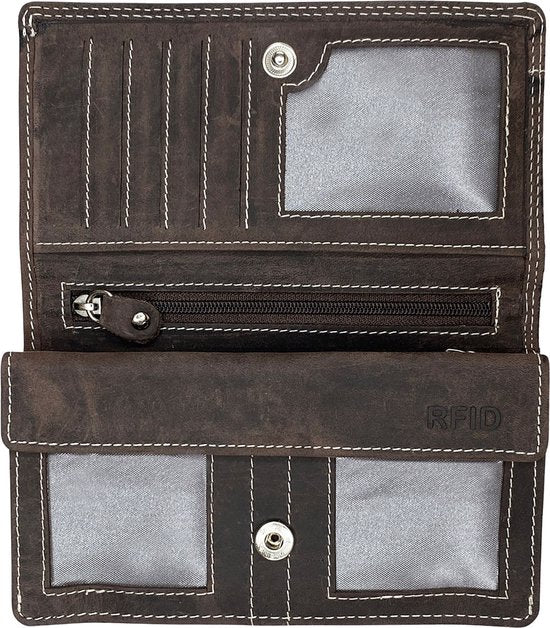 Dames portemonnee van donkerbruin echt leer met RFID-bescherming - Arrigo.nl