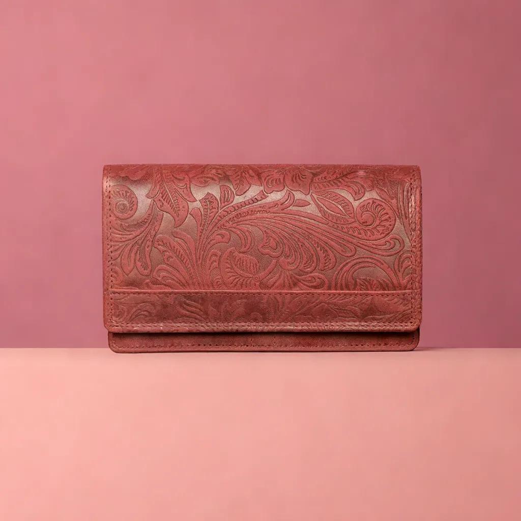 Dames portemonnee van rood leer met bloemenprint en anti-skim bescherming - Arrigo.nl