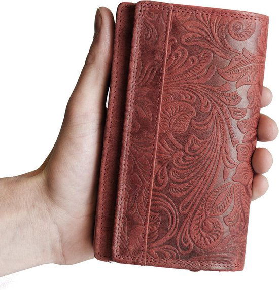 Dames portemonnee van rood leer met bloemenprint en anti-skim bescherming - Arrigo.nl
