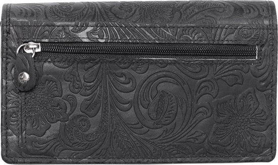 Dames portemonnee van zwart leer met bloemenprint en anti-skim bescherming - Arrigo.nl